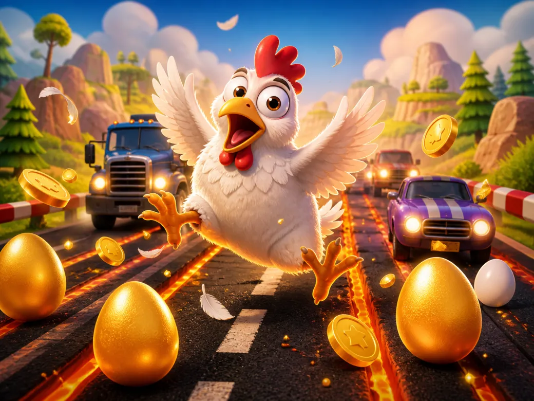Funny chicken character on road with traffic lanes and feathers in slot game world