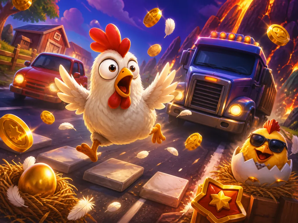 Promotional image of Chicken Road slot game featuring cartoon chicken crossing a busy road with dynamic elements from the gam