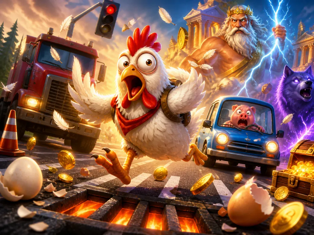 Chicken Road slot game with chicken character crossing a road, featuring traffic lanes, eggs, and playful danger.