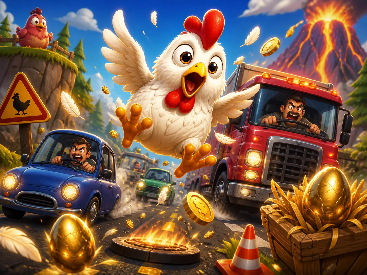 Cartoon chicken crossing a busy road with feathers and eggs in vibrant slot game art.